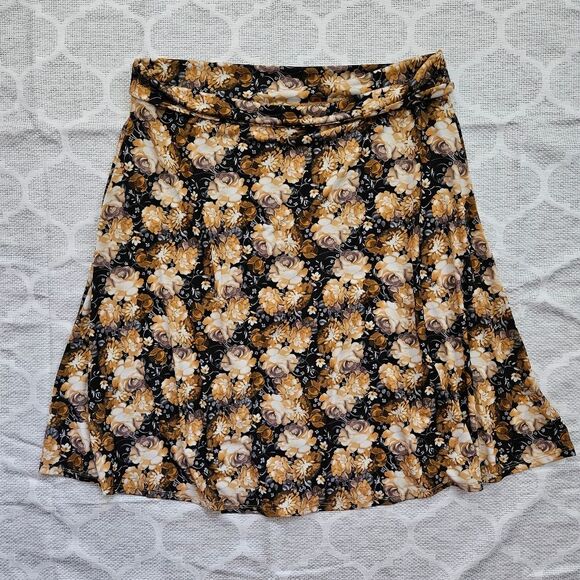 LULAROE Flared Skirt Women's Size 3XL Yellow & Brown Rose Pull-On GUC - Picture 1 of 5
